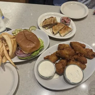 Duck Quesadilla, Chicken Wings, Traditional Burger &amp; Fries