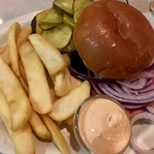 Red Hawk Burger with fries and side of chipotle mayo