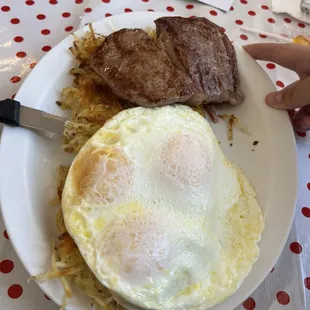 Steak and 3 eggs