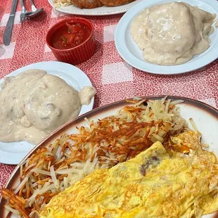 an omelet and other food items