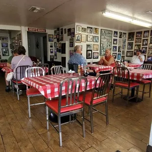 tables with red and white checkered tablecloths