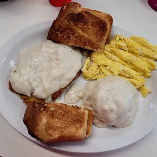 Country fried steak 'breakfast' w/homemade bread. (Mashed potatoes were ordered as an extra side).