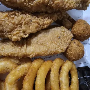 Fresh catfish, onion rings, and free Hush puppies.