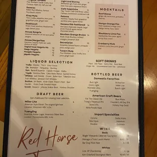 the menu for the red horse tavern