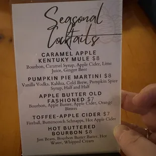 Seasonal Cocktail menu