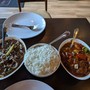 Hong Kong lamb (left), plain rice (middle), "Sichuan" fish (right)