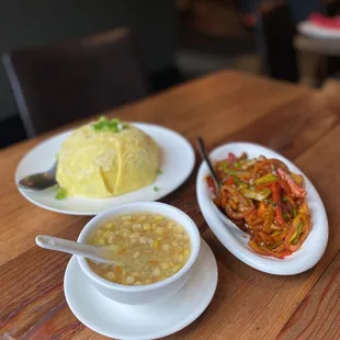 Sweet Corn Soup, Egg Wrapped Fried Rice, Pan Fired Chilli Paneer (Signature Item)