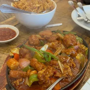 Sizzling Chicken up front and Chilli Garlic Noodles in the back