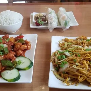 White Rice, Shrimp Spring Rolls, General Chicken, House Lo Mein