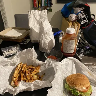 Red Hot Ranch Burger, Chicago Dog, and Fries.