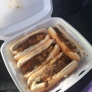 Chili dogs with onions and mustard