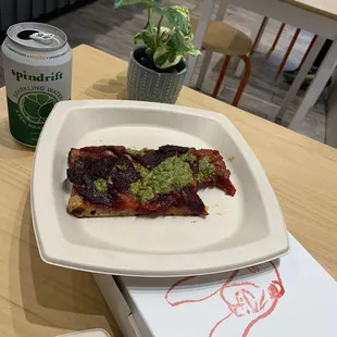 Vegetarian pizza and seltzer