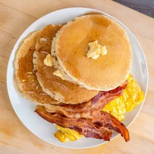 Buttermilk Pancakes $8.49 Eggs + breakfast meat + homefries or grits