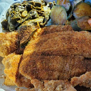 Tilapia w/OBAY...collard greens and zucchini,,,/carrots.
