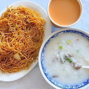Breakfast Combo: Soy Sauce Chow Mein + Century Egg &amp; Pork Jook w/ HK Milk Tea | $9.80 including tax (Cash + Takeout Only!)