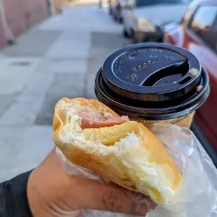 Ham &amp; egg bun with a HK style milk tea $5.25