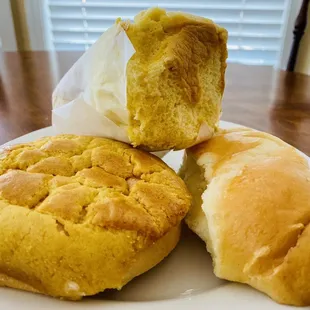 Pineapple bun (left), sponge cake (middle) and cocktail bun (right)