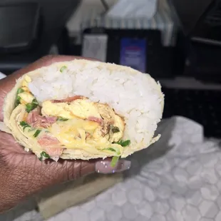 Bfast burrito with turkey bacon and rice instead of potatoes
