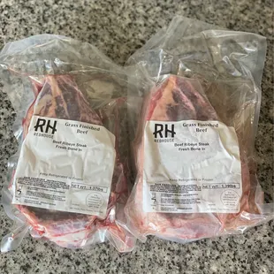 Dry aged grass fed and finished bone in 22 oz Ribeye&apos;s....These will make for an Oh so sexy meal!!! Free delivery to your door locally.