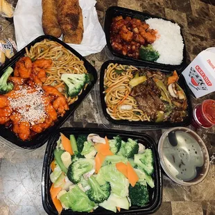 Sesame Chicken Combo w/low mein, Orange Chicken Combo w/white rice, Beef with Garlic Sauce Combo w/low mein, mixed veggies, &amp; egg rolls