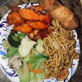 Mixed veggies, Orange Chicken, sesame chicken, low mein, egg roll