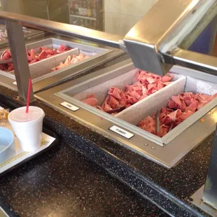 Meats: beef, chicken, pork, turkey.  Shrimp available for $3 extra