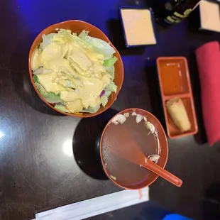 Salad and clear soup