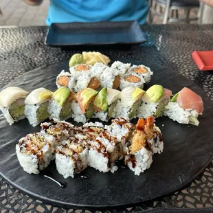 In front shrimp tempura, middle is the rainbow roll and back is spicy salmon.  All delicious!