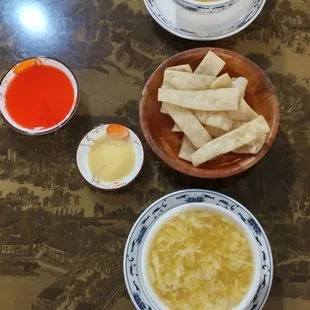 Egg drop, hot mustard, and sweet&amp;sour (served prior to meal as it is traditionally supposed to be)