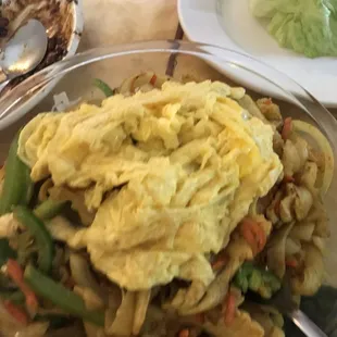 Curried chicken noodles they added an excellent fried egg on top