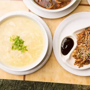 Egg drop soup and chicken lettuce wraps appetizer