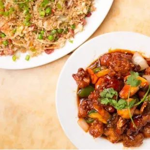 BBQ pork fried rice 
and Red lantern mexcrew chicken