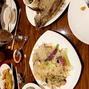 Flounder, seafood vegetables, Filipino Pancit
