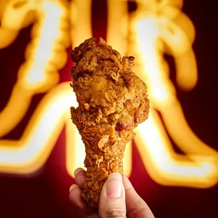a hand holding a piece of fried chicken
