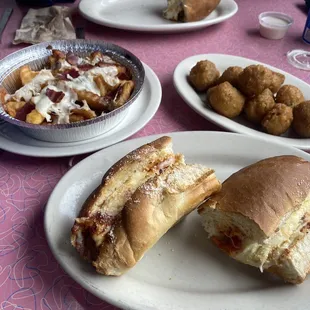 Bacon cheese fries, fried mushrooms, meatball Parmesan sub