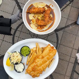 British English Fish 'n' Chips and Fried Chicken with Mash and Corn!!!