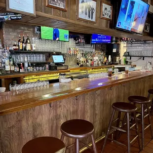 a bar with wooden bar stools