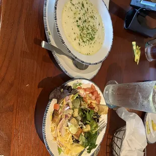 New England Clam Chowder and the nice little Salad with lots of fixings.