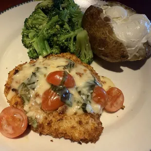 Parmesan-Crusted Chicken with baked potato and Seasoned Broccoli