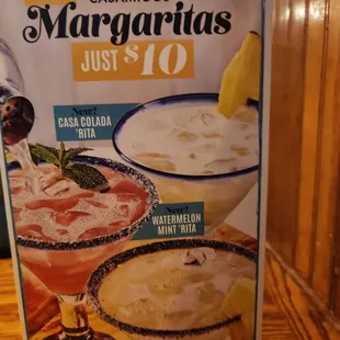 a menu for margaritas just $ 10