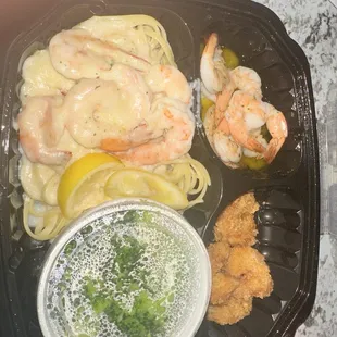 Garlic Shrimp Scampi, Shrimp Linguini Alfredo and fried shrimp (I think salt n pepper flavored)