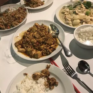 Was so hungry that I forgot to snap photos before digging in. Fried rice with pork and Chinese sausage; mapo tofu; Thai green curry