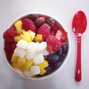 a bowl of fruit and a spoon