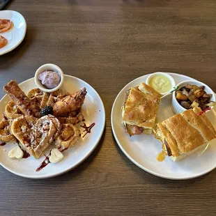 Chicken and waffles and the Red Maple breakfast sandwich
