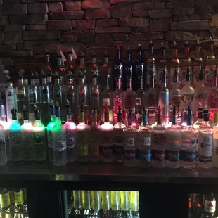 bottles of alcohol lined up on a shelf