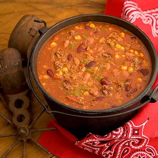 Organic bison chile bean stew featuring organic pinto and kidney beans with sweet corn kernels and New Mexico red chile.