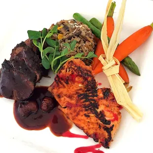 Native surf and turf features Wild caught Native American salmon with a prickly pear glaze and elk tenderloin with a  wild cherry sauce.