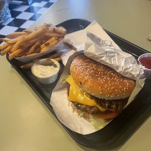 Red Mill Double Deluxe With Cheese, French Fries, Diet Coke.