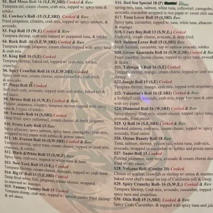 Sushi menu