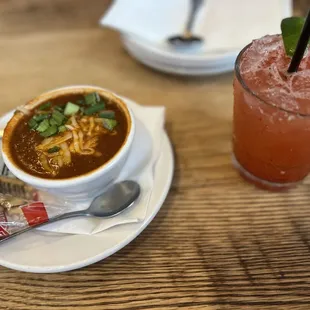 Elk chilli soup - just the right spice  And refreshing Strawberry margarita